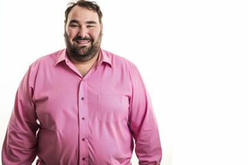 Overweight man in pink shirt alone on white