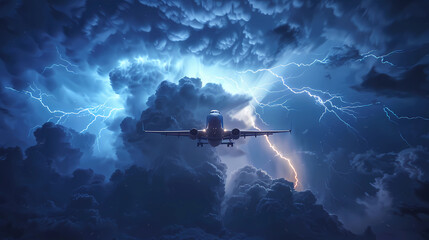 Obraz premium An airplane flying through a stormy sky, with lightning illuminating the clouds around it.