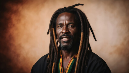 Portrait of smiling musician with dreadlocks posing on brown background with copy space