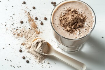 Protein shake and powder scoop on white background in a glass