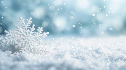 Naklejka premium Beautiful close-up of a snowflake resting on a soft layer of snow, surrounded by a serene winter background with gentle snowfall.