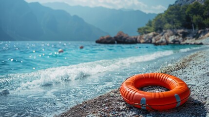 Obraz premium Orange lifebuoy on rocky shore with ocean background