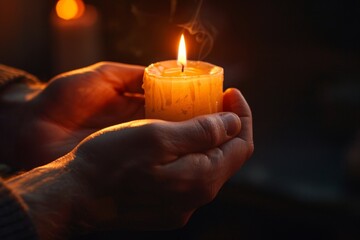 Religious symbolism Candle in hands against darkness