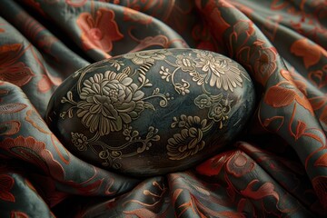 A small black and gold flower shaped object sits on a piece of cloth