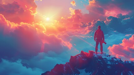 Fototapeta premium man standing at the peak of mountain to see vision