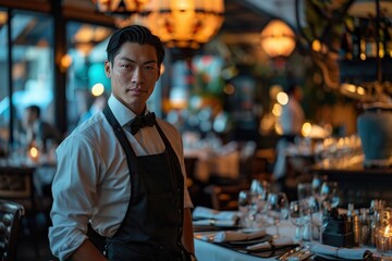A man in a black apron stands in front of a table with a lot of wine glasses