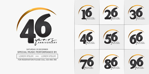 anniversary logotype set vector, black and gold color with swoosh for special day celebration
