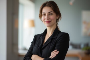Fototapeta premium Smiling female manager confidently posing in office headshot portrait