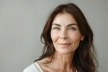 Naklejka premium Smiling mature lady with smooth skin posing in studio