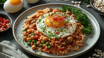 Fototapeta premium A plate of food with a fried egg on top of rice and beans.