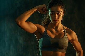 Obraz premium Stunning female athlete flexing on a dark backdrop