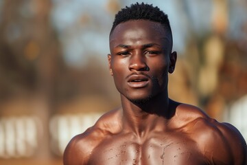 Fototapeta premium Close-Up Portrait of a Shirtless Black Man Outdoors in the Daytime