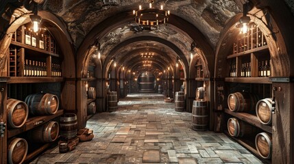 An atmospheric view of a wine cellar corridor lined with shelves of aged wines, illuminated by warm, ambient light that enhances the backdrop background 