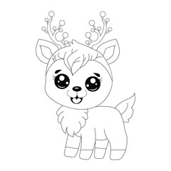 Sweet Cartoon Deer Line Art For Kids Coloring Page And T-Shirt.