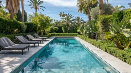 Fototapeta premium Backyard with a sparkling swimming pool and lounge chairs, framed by tall hedges and palm trees, creating a luxurious and relaxing retreat 