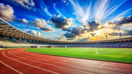 Fototapeta premium Sunlit Stadium with Running Track and Dramatic Sky, stadium , sports , athletics , competition