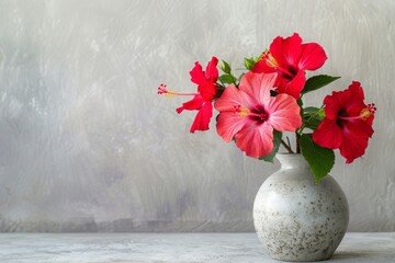 Beautiful hibiscus in a simple ceramic vase, presented against a light-colored background, highlighting the exotic and vibrant nature of the flower 