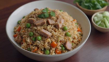 closeup of pork fried rice on a plate