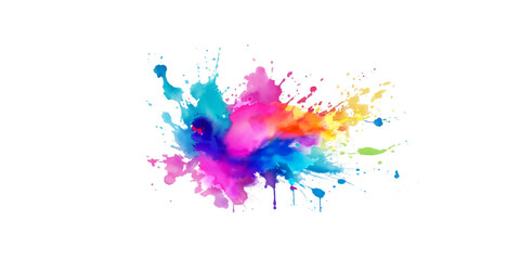 Bright colorful watercolor splash splatter stain brush strokes on white background. Modern vibrant aquarelle spot. Rainbow trendy isolated design on white. Element. Vector watercolor illustration.	