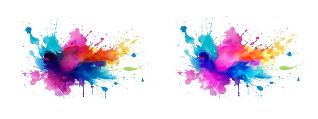 Bright colorful watercolor splash splatter stain brush strokes on white background. Modern vibrant aquarelle spot. Rainbow trendy isolated design on white. Element. Vector watercolor illustration.	