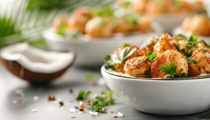 Delicious shrimp dish garnished with fresh herbs, presented in a stylish bowl, perfect for culinary and food photography.