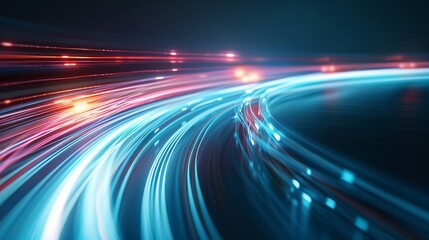 Dynamic light trails create a vibrant abstract composition, symbolizing speed and technology in a modern setting.