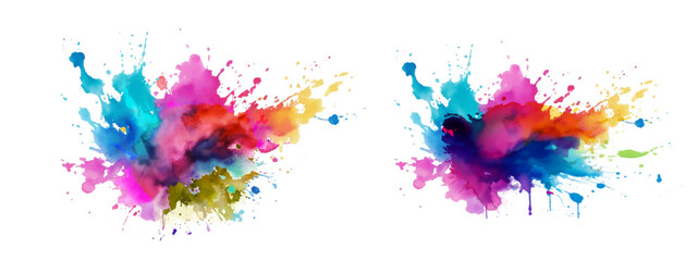 Bright colorful watercolor splash splatter stain brush strokes on white background. Modern vibrant aquarelle spot. Rainbow trendy isolated design on white. Element. Vector watercolor illustration.	