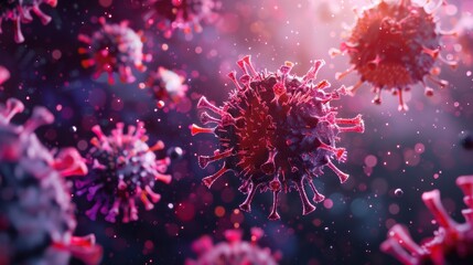 Colorful digital illustration of viruses in a microscopic world, showcasing detailed textures and dynamic lighting effects.