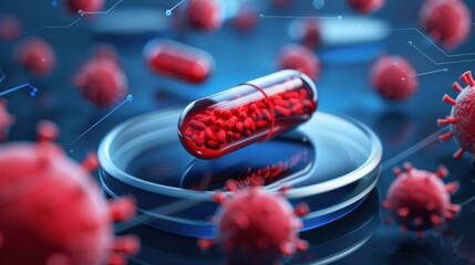 Intricate representation of a red capsule surrounded by virus particles, showcasing the intersection of medicine and microbiology.