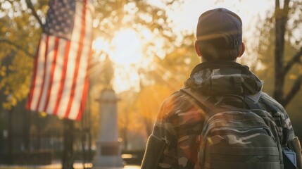 Naklejka premium Person gazing thoughtfully at the United States flag, with a high-quality backdrop of an elegant memorial or monument 