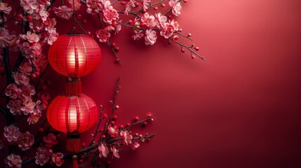 Obraz premium Chines new years with red lanterns and cherry blossoms on a vibrant red background