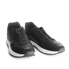 Stylish male black sneakers on white background