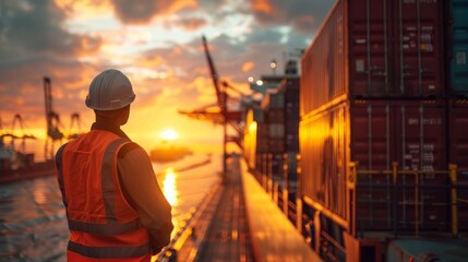 Fototapeta premium Dock worker overlooking shipping containers at sunset