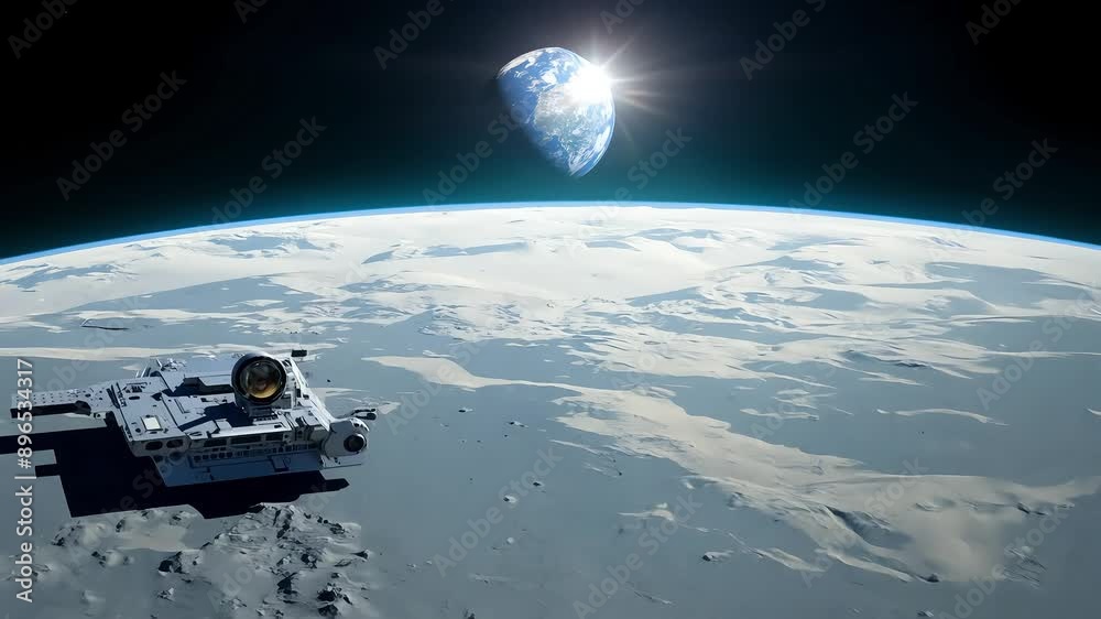 Wall mural spaceship orbiting moon with earth in view with ai generated.