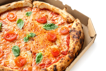 Cardboard box with tasty pizza Margarita on white background, closeup