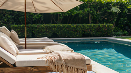 Plakat Outdoor pool area with modern furniture, surrounded by garden with plants and trees