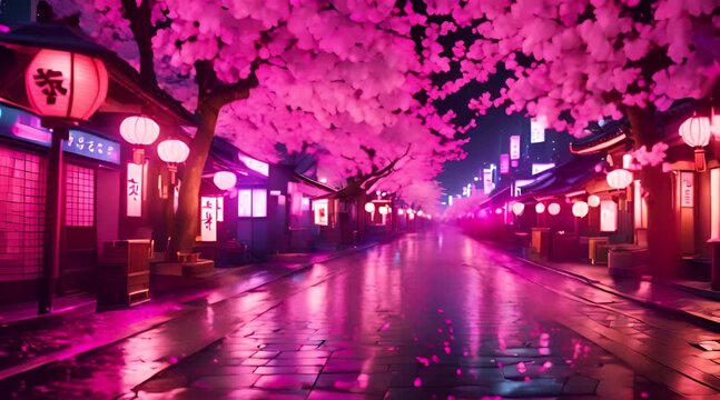 A vibrant Japanese anime street in the night, glowing with neon signs and lanterns