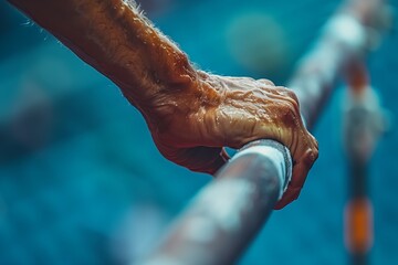 Athlete practicing pole vaulting with close-up on hand