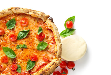 Tasty pizza Margarita with basil leaves, tomatoes and mozzarella cheese on white background