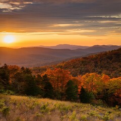 Sunset over mountains in Autumn