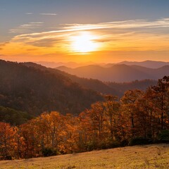 Sunset over mountains in Autumn