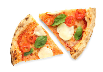Pieces of tasty pizza Margarita with basil leaves on white background