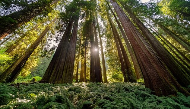Gigantescos &aacute;rboles de secuoya que se elevan hacia el cielo, con un suelo cubierto