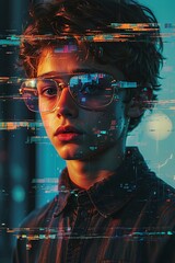 Portrait of handsome young man in glasses. Futuristic style.