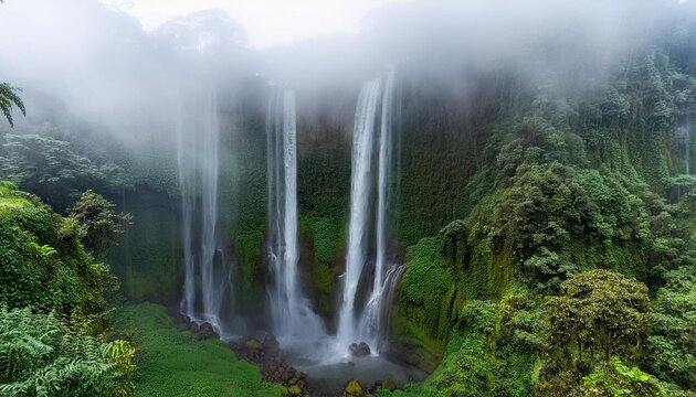 Majestuosas cataratas rodeadas de una densa selva tropical, con agua cayendo con fuerza