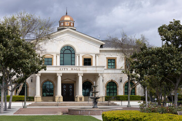 Fillmore, California, USA - March 24, 2024: Afternoon light shines on the downtown city hall.