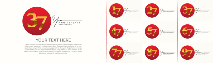 anniversary logotype set vector, red color circle and golden number for special day celebration