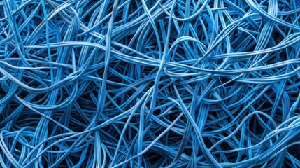 Close-up of tangled blue wires in a messy pile
