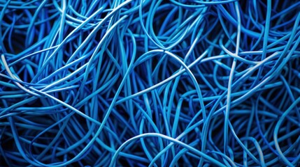Close-up of tangled blue wires in a messy pile
