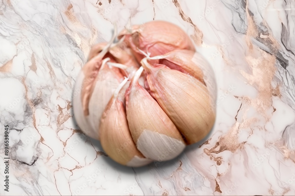 Poster ripe garlic cloves on desk background